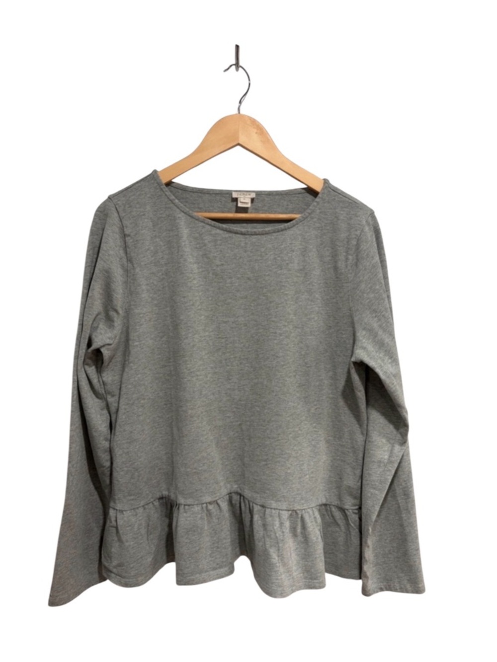 J. Crew Women’s Grey Ruffle Hem Long-Sleeve Crewneck Top Cotton